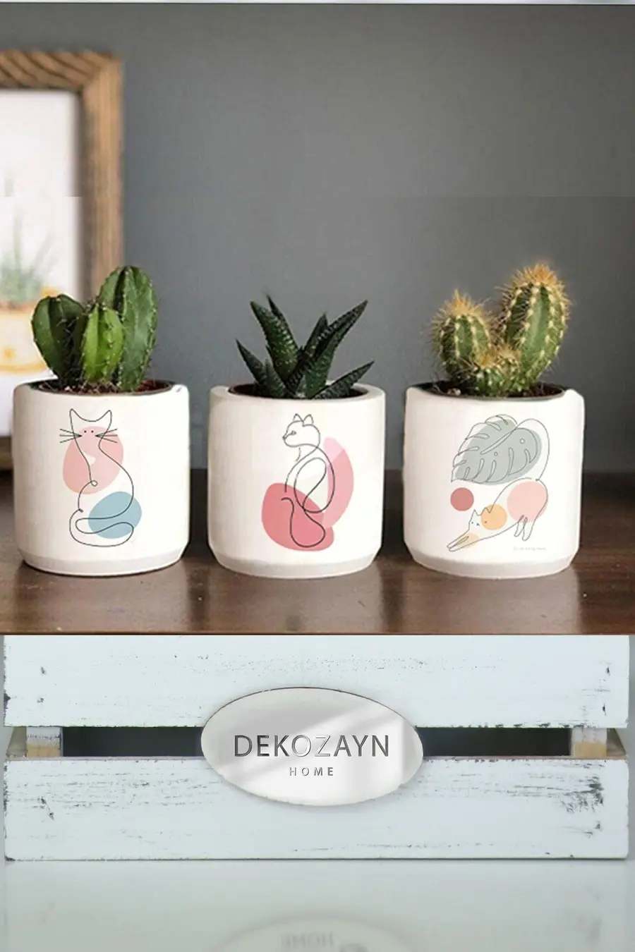 Pastel Kedi Kedi Desenli Saksı Set- Küçük Boy Sukulent Saksısı Hediyelik Kalemlik - 1. görsel