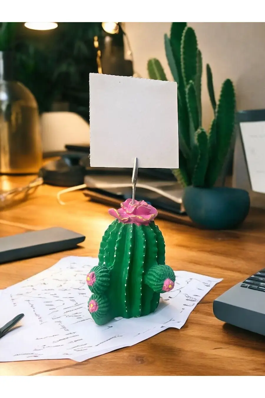 Pembe Çiçek Desenli Kaktüs Obje Fotoğraf Not Tutucu Ofis Masası Tutacak Hediyelike - 1. görsel