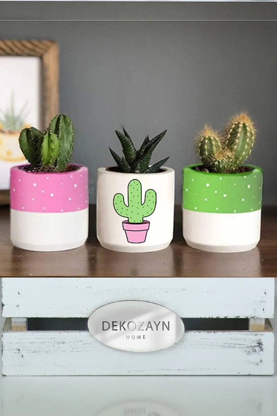 Pembeli Kaktüs Desenli Beton Saksı Üçlü Set- Küçük Boy Sukulent Saksısı Çizim Kaktüs - 1. görsel