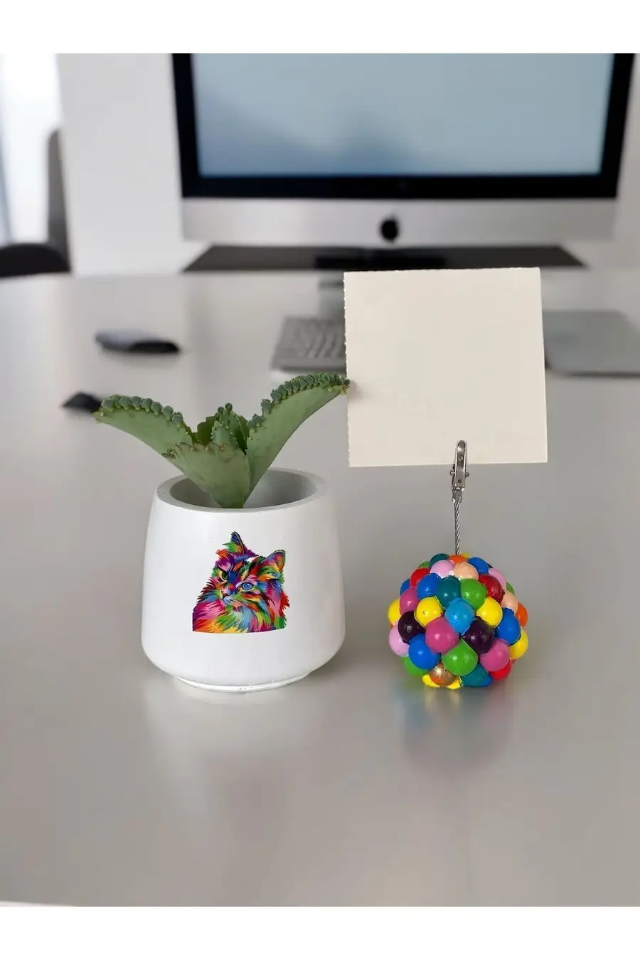 Renkli bubble tutucu ve renkli kedi baskılı saksı ofis seti - 1. görsel