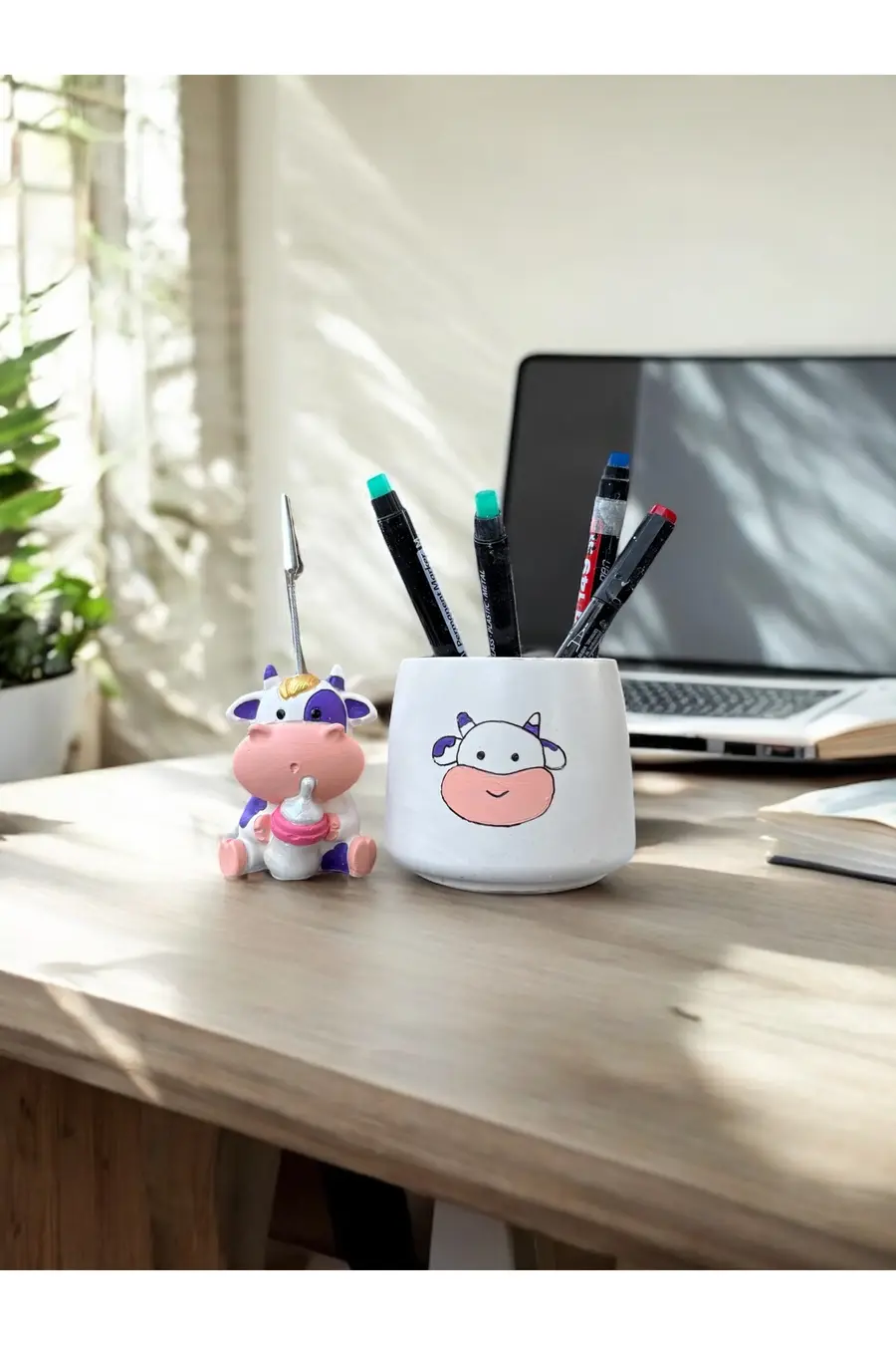 SET Mor Kawaii Sevimli İnek Fotoğraf Tutucu Not Tutacak Kalemlik Ofis Seti Hediyelik - 1. görsel