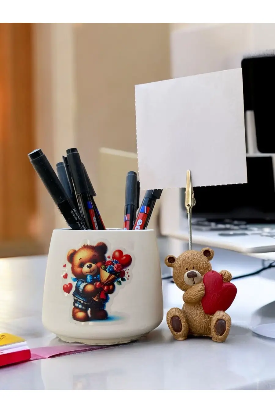 Sevimli Kalp Kucaklayan Ayı Fotoğraf Not Tutacağı Balonlu Ayı Kalemlik Ofis Seti Hediyelik Tutacakn - 1. görsel