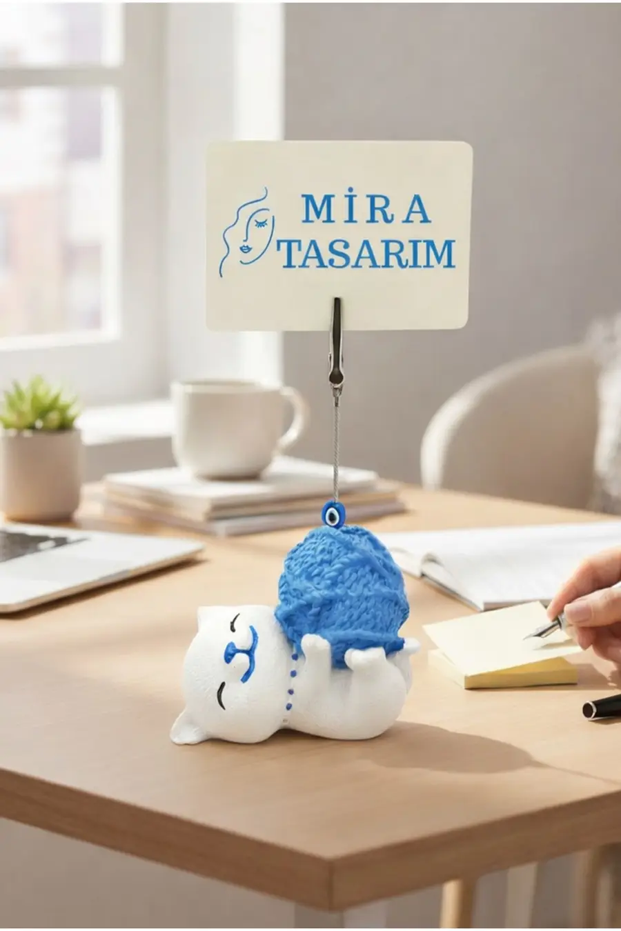 Sevimli Mavi Kedi Notluk - Masaüstü Not Tutucu ve Fotoğraf Tutucu - Ofis Kartvizit Tutucu - 1. görsel