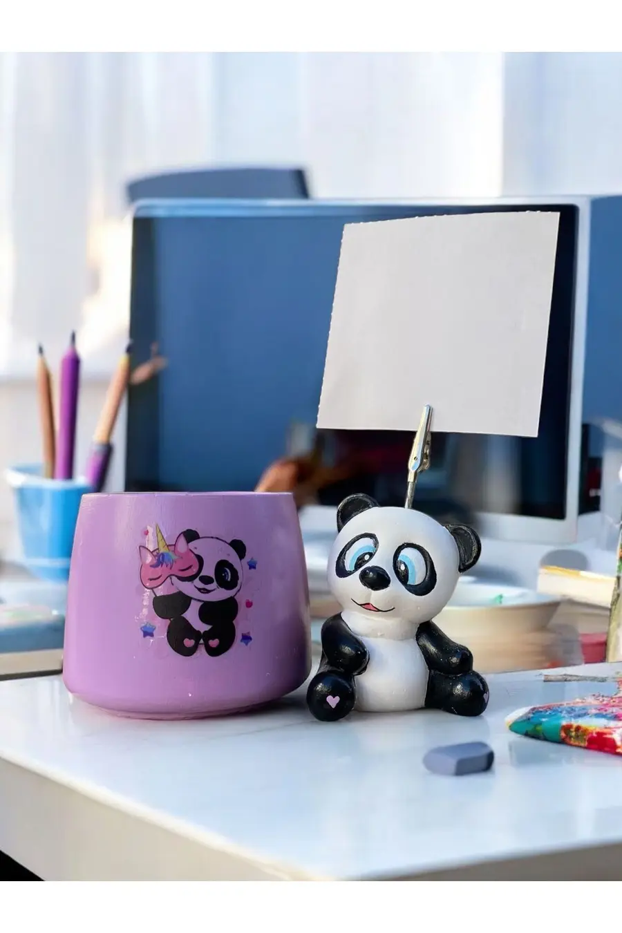 Sevimli Panda Desenli Fotoğraf Not Tutacağı - Lila Panda Temalı Kalemlik Ofis Seti Hediyelik Tutucu - 1. görsel