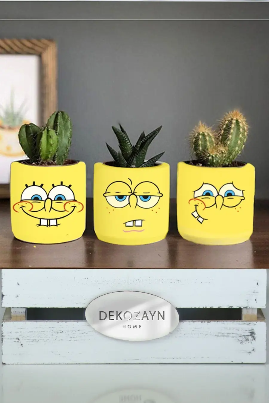 Sunger Bob Sponge Desenli Saksı Üçlü Set- Küçük Boy Sukulent Saksısı Çizim Hediyelik - 1. görsel