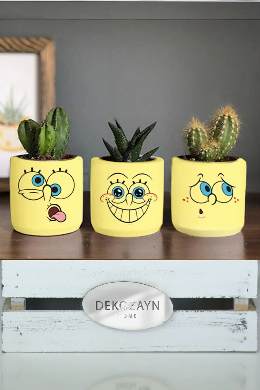 Sunger Bob Sponge Trol Desenli Saksı Üçlü Set- Küçük Boy Sukulent Kalemlik Hediyelik - 1. görsel