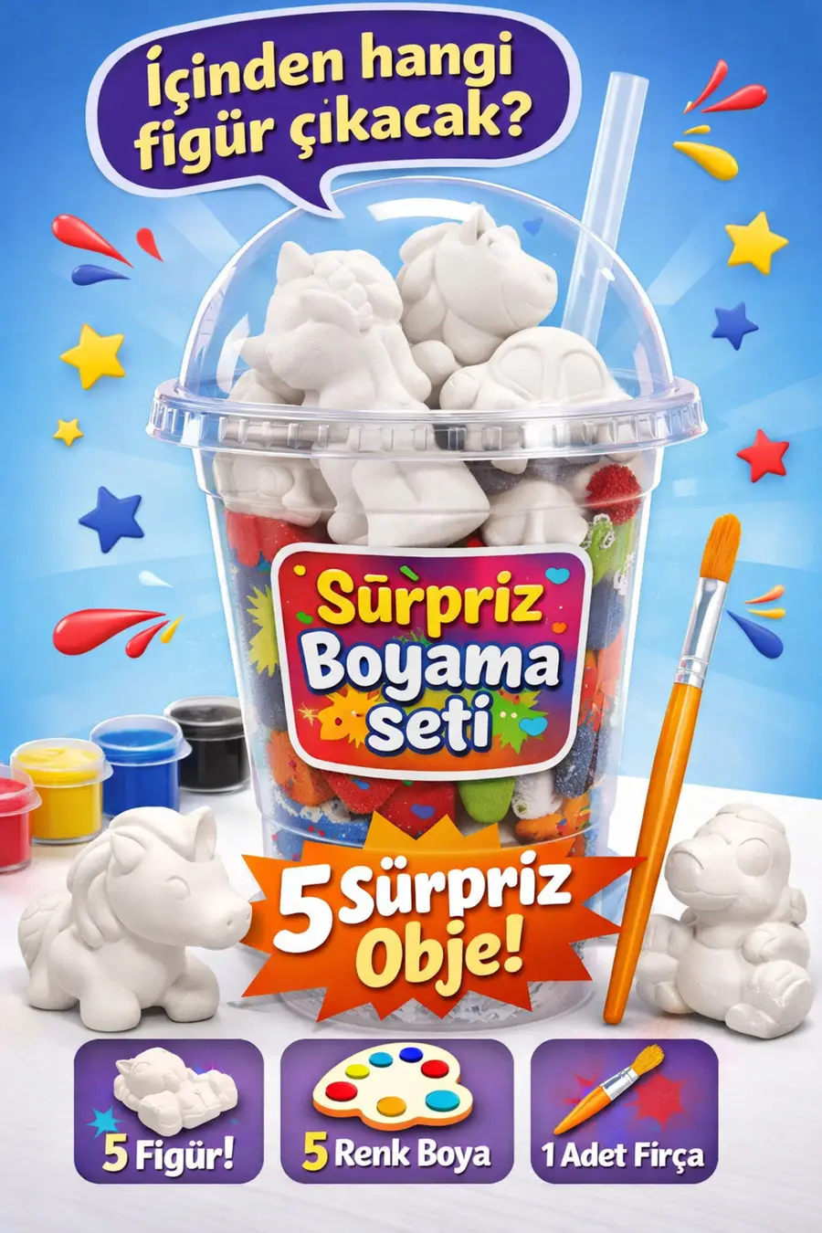 Sürpriz Boyama Seti Bardak | 5 Taş Obje + 6 Renk Boya + Fırça | Çocuk Aktivite Seti | DIY Hobi Kiti - 1. görsel