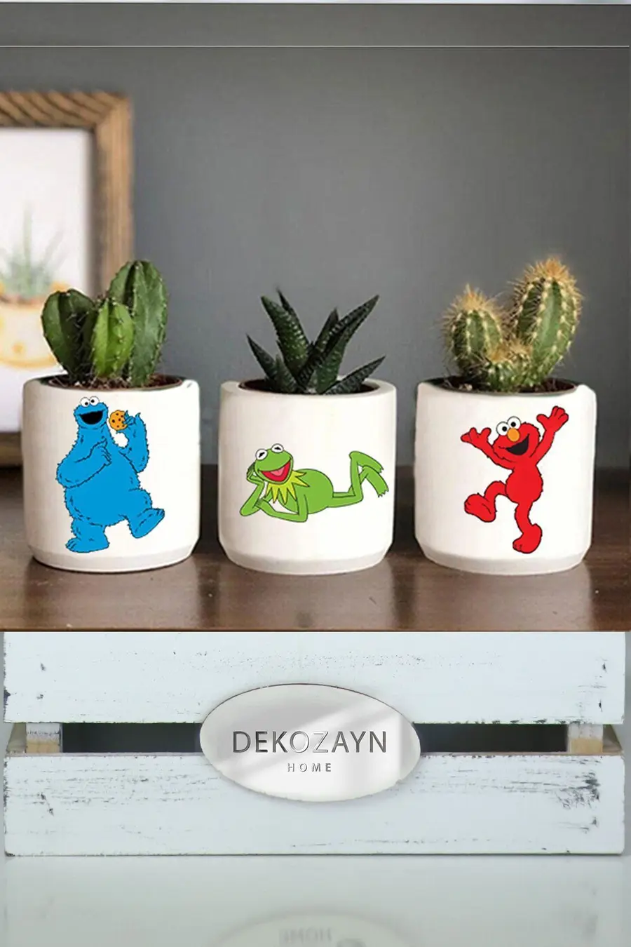 Susam Sokağı Desenli Saksı Üçlü Set- Küçük Boy Sukulent Saksısı Kalemlik Hediyelik - 1. görsel
