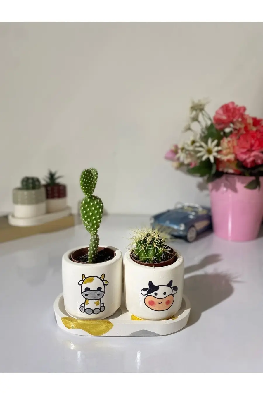 Tabaklı 2li Altın Inek Motifli Mini Saksı Seti - 1. görsel