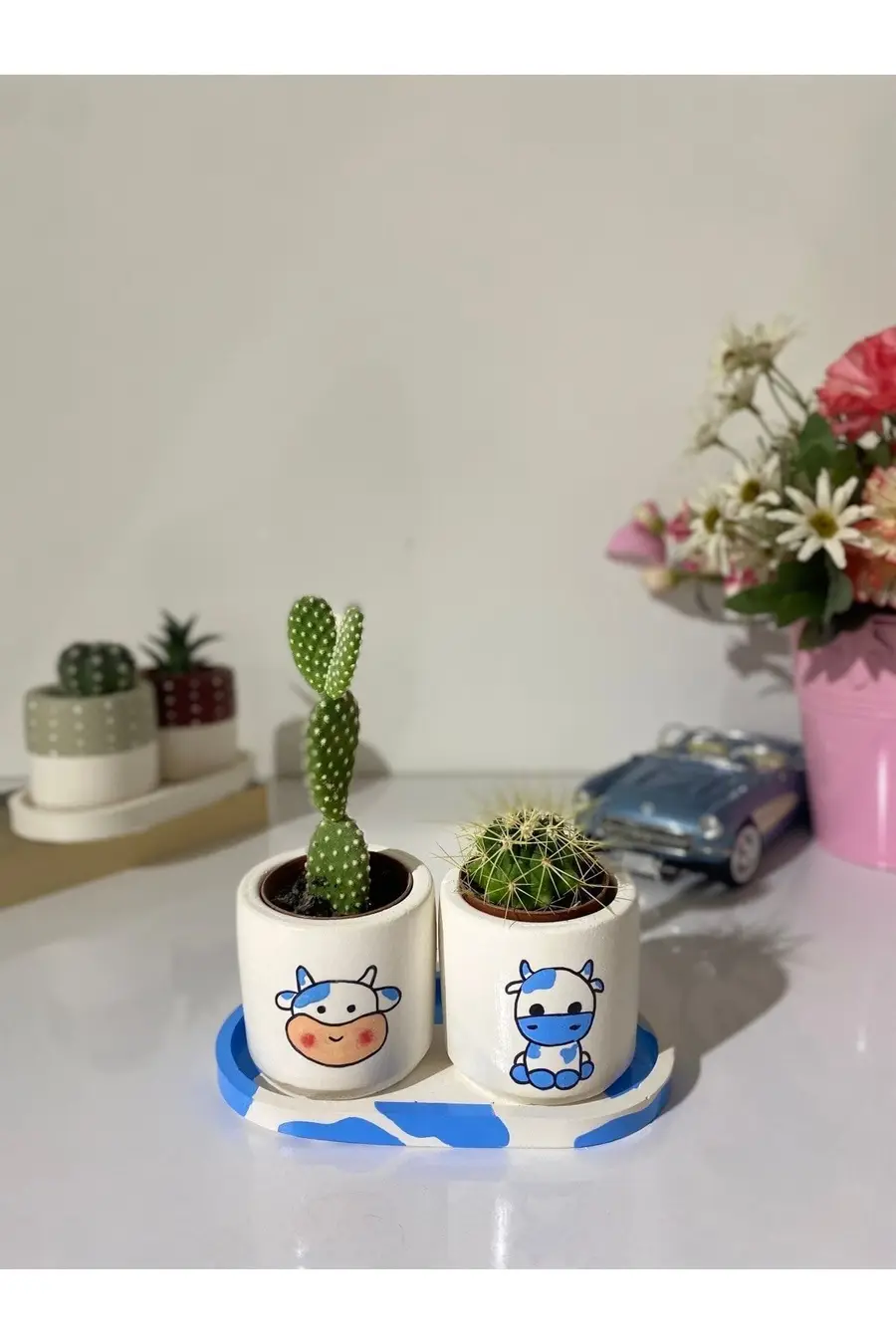 Tabaklı 2li Mavi Inek Motifli Mini Saksı Seti (çiçeksiz) - 1. görsel