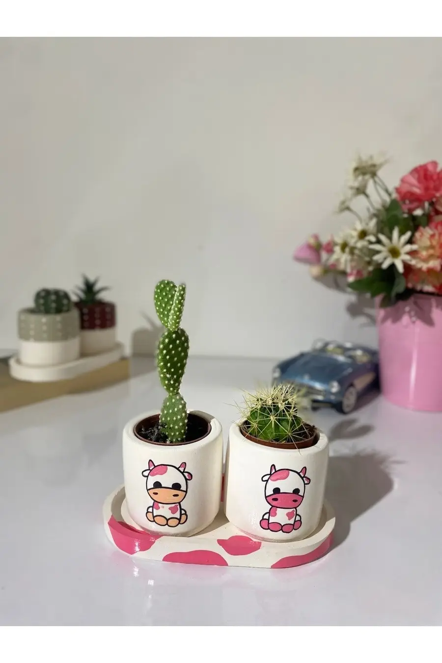 Tabaklı 2li Pembe Inek Motifli Mini Saksı Seti (çiçeksiz) - 1. görsel