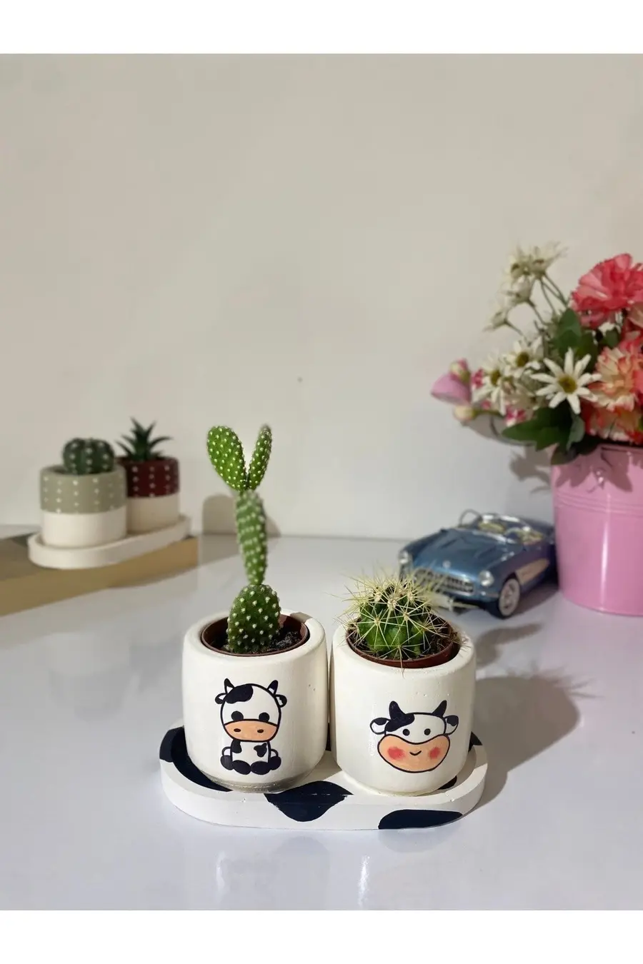 Tabaklı 2li Siyah Inek Motifli Mini Saksı Seti - 1. görsel