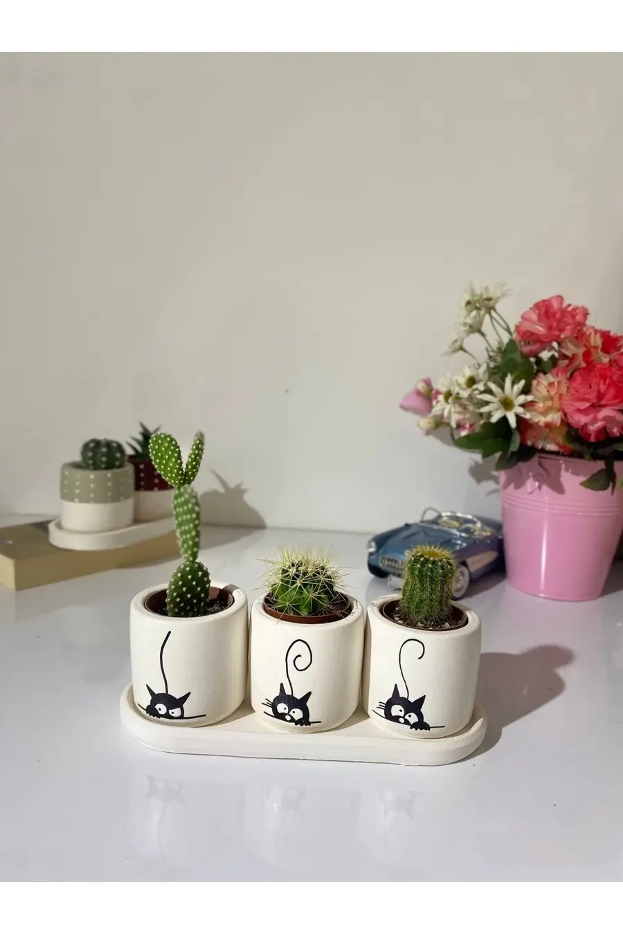 Tabaklı 3lü Pastel Kedi Silueti Saksı Seti - 1. görsel
