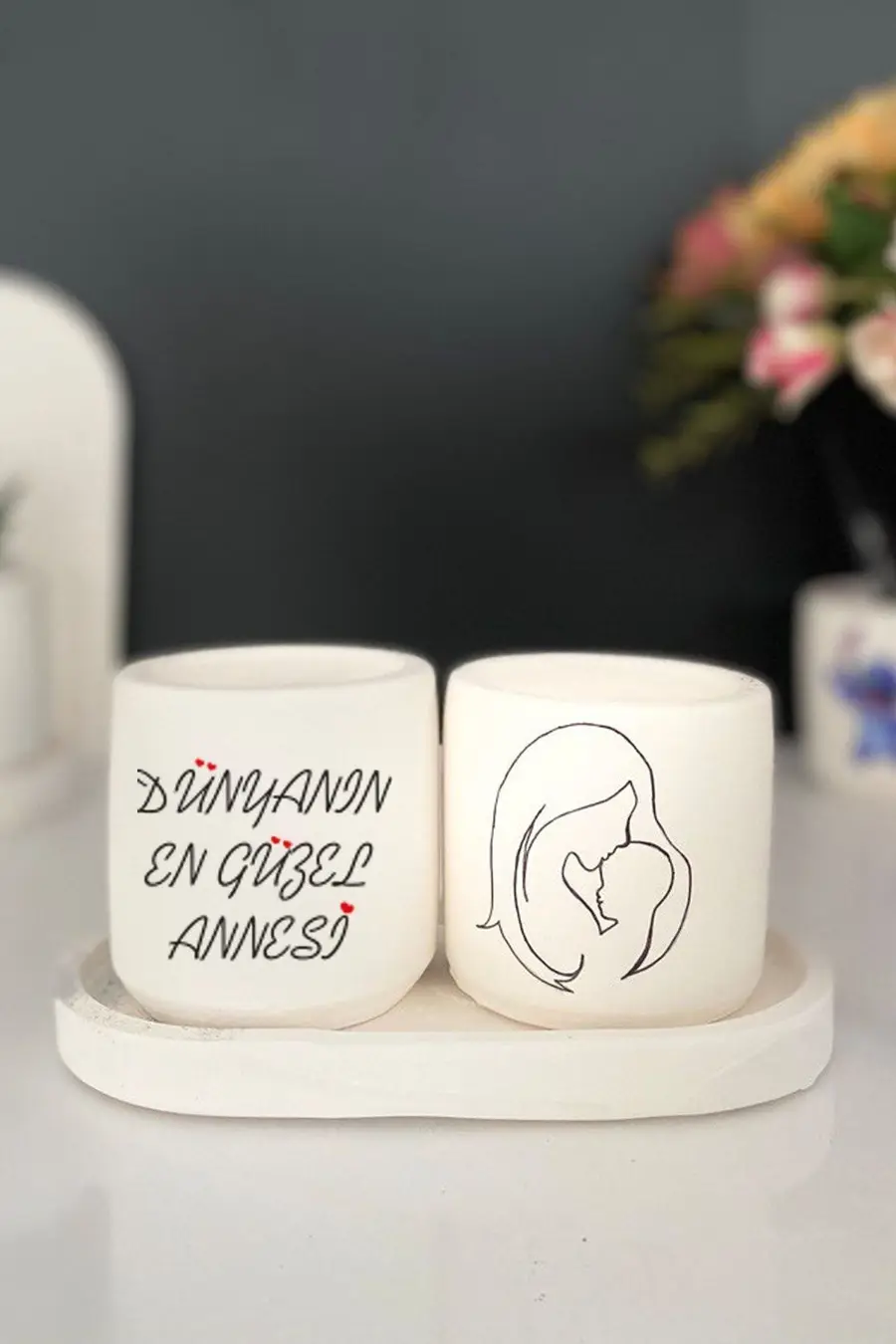 Tabaklı Anne Teması 1 Çizimli Mini Saksı Seti Hediyelik Dekoratif Anneler Günü Hediyesi - 1. görsel