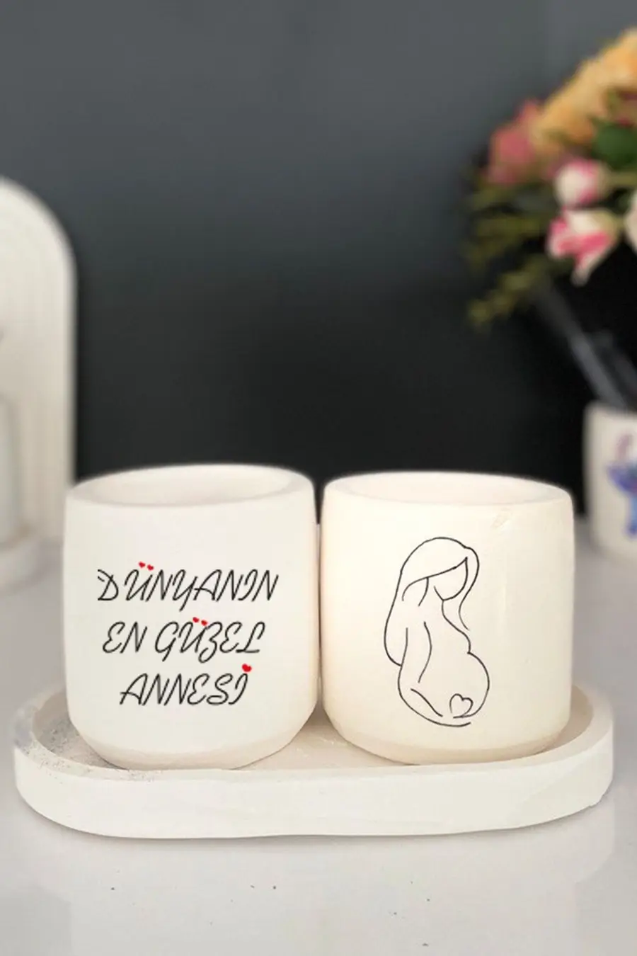 Tabaklı Anne Teması 4 Çizimli Mini Saksı Seti Hediyelik Dekoratif Anneler Günü Hediyesi - 1. görsel