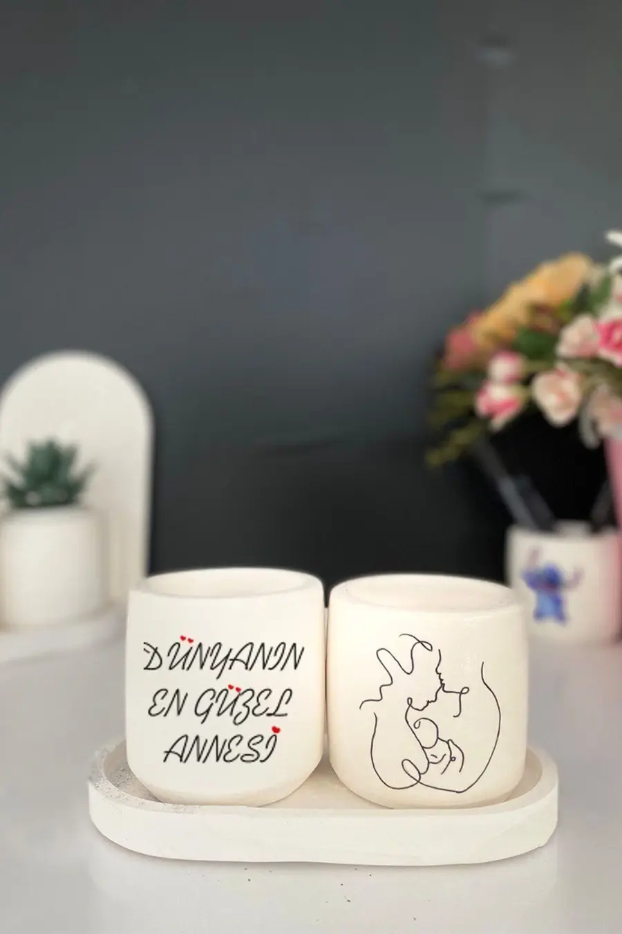Tabaklı Anne Teması 7 Çizimli Mini Saksı Seti Hediyelik Dekoratif Anneler Günü Hediyesi - 1. görsel