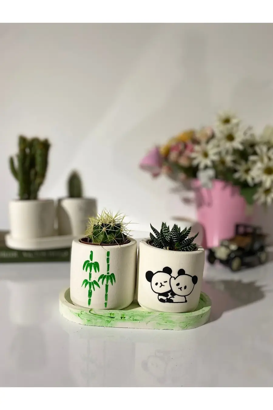 Tabaklı Bambu Panda Desenli El Çizimi Saksı Seti Hediyelik Kalemlik - 1. görsel