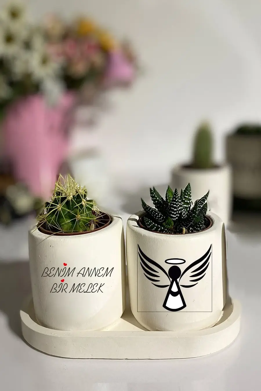 Tabaklı Benim Annem Bir Melek Baskılı Mini Saksı Seti Hediyelik Dekoratif (çiçeksiz) Anneler Günü - 1. görsel