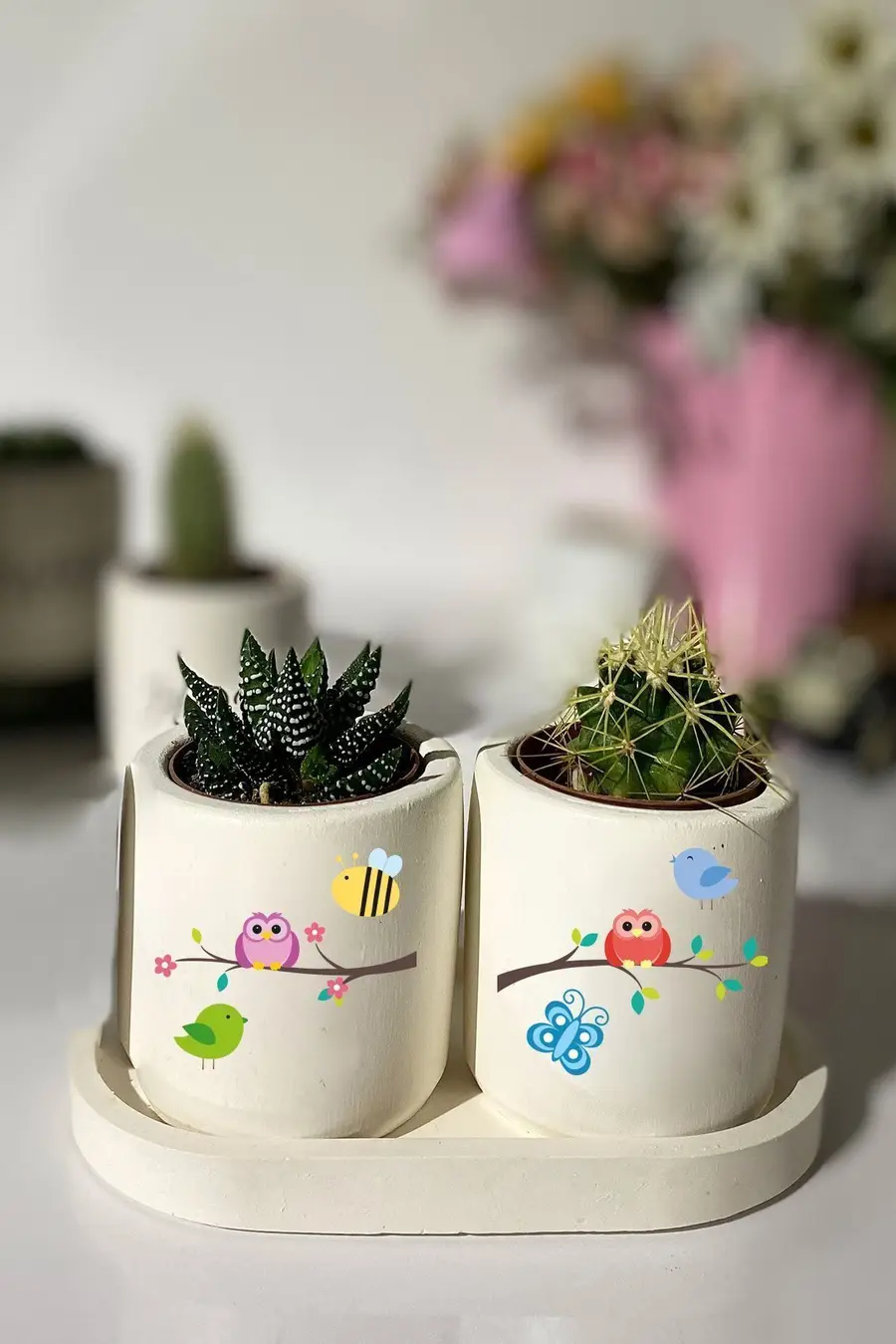 Tabaklı Kuş Baskılı Mini Saksı Seti Hediyelik Dekoratif - 1. görsel