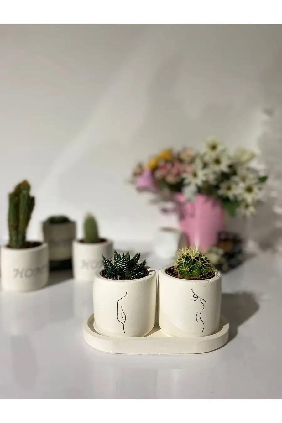Tabaklı Minimal Kadın Silüeti Desenli El Çizimi Saksı Seti - 1. görsel