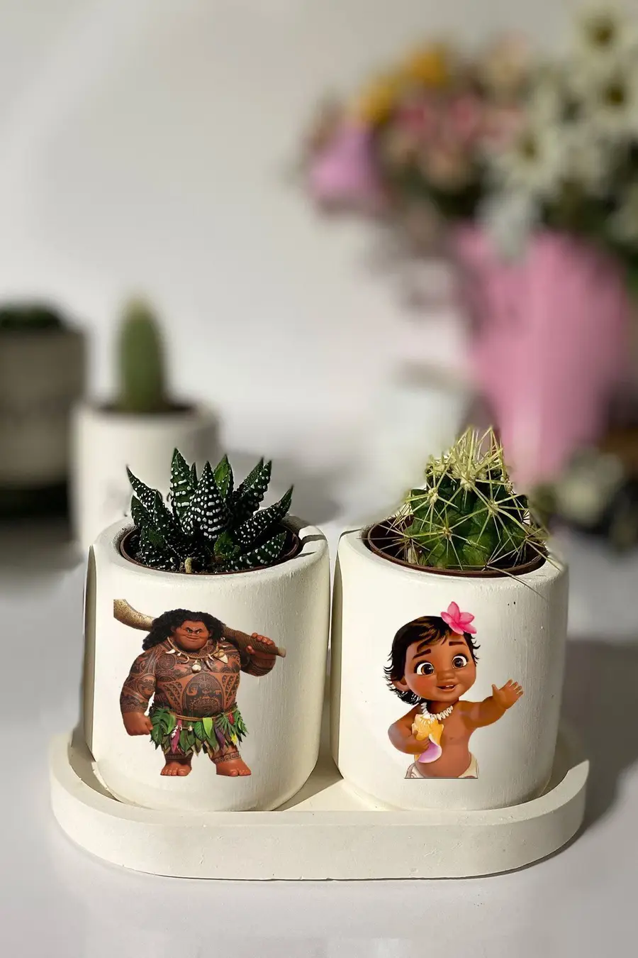 Tabaklı Moanna Baskılı Mini Saksı Seti Hediyelik Dekoratif (ÇİÇEKLİ) - 1. görsel