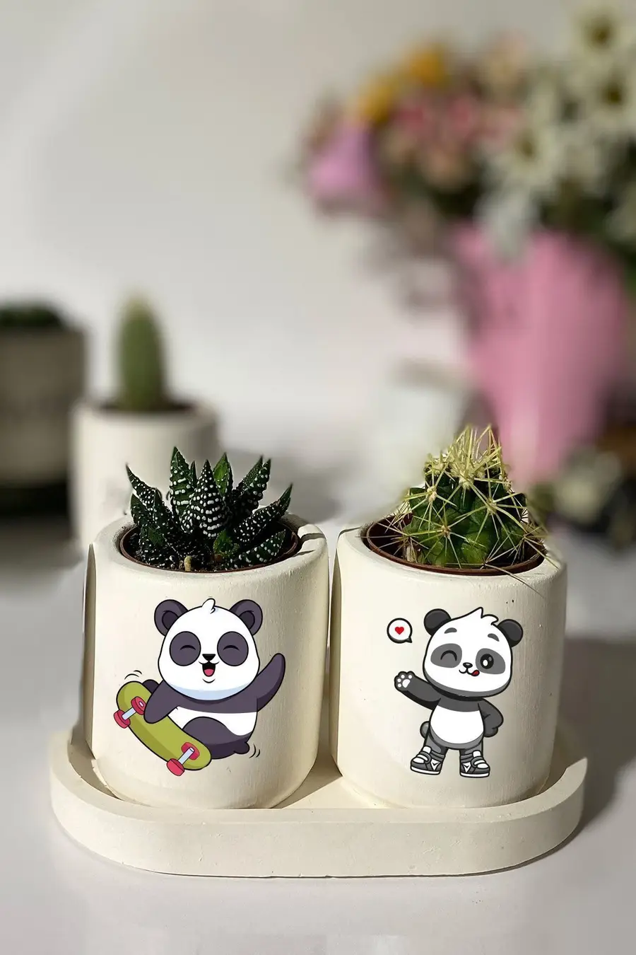 Tabaklı Panda Baskılı Mini Saksı Seti Hediyelik Dekoratif - 1. görsel