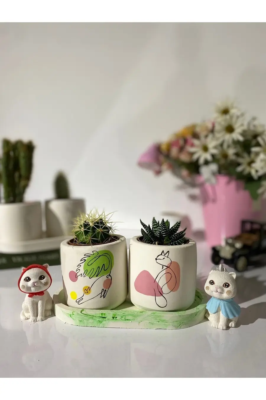 Tabaklı Pastel Kedi Desenli El Çizimi Saksı Seti Hediyelik Kalemlik - 1. görsel
