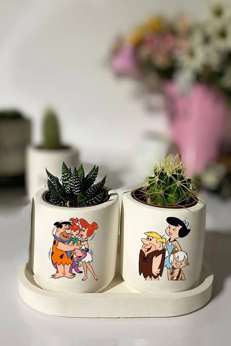 Tabaklı Taş Devri Baskılı Mini Saksı Seti Hediyelik Dekoratif - 1. görsel