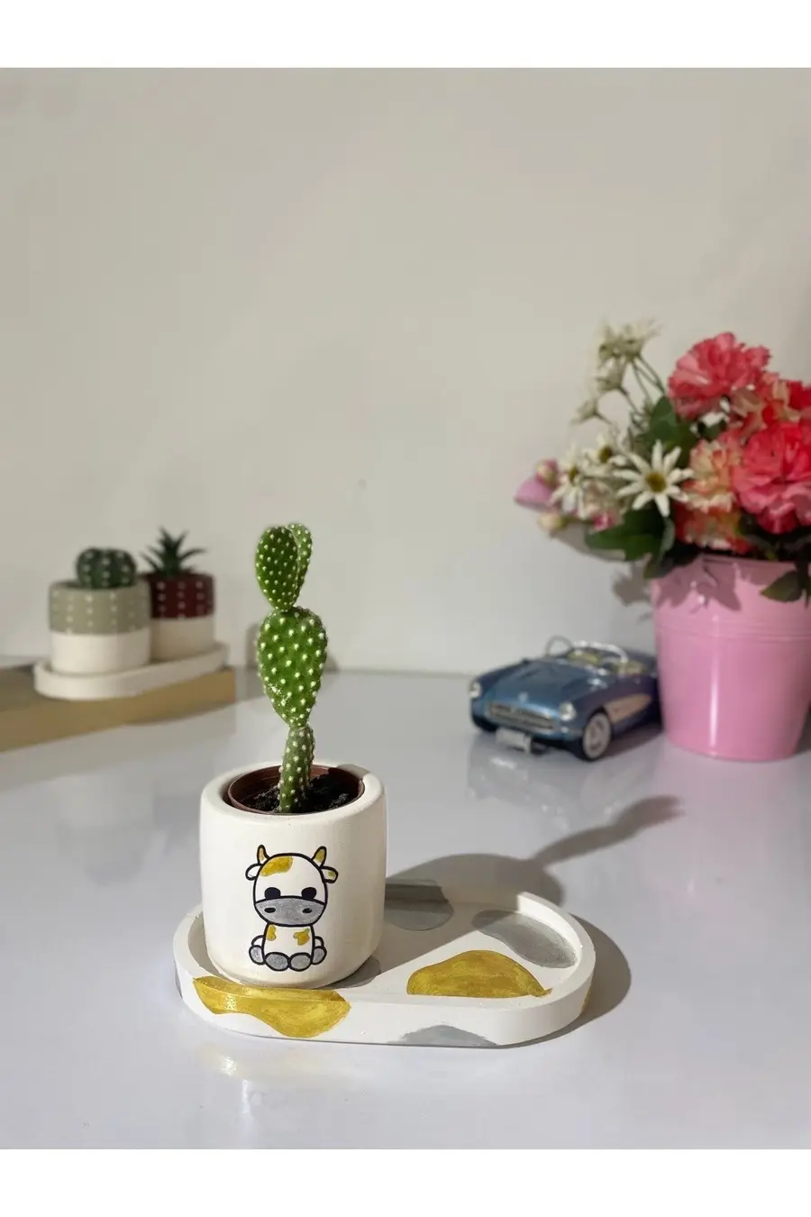 Tabaklı Tekli Altın Inek Motifli Mini Saksı Seti (çiçeksiz) - 1. görsel