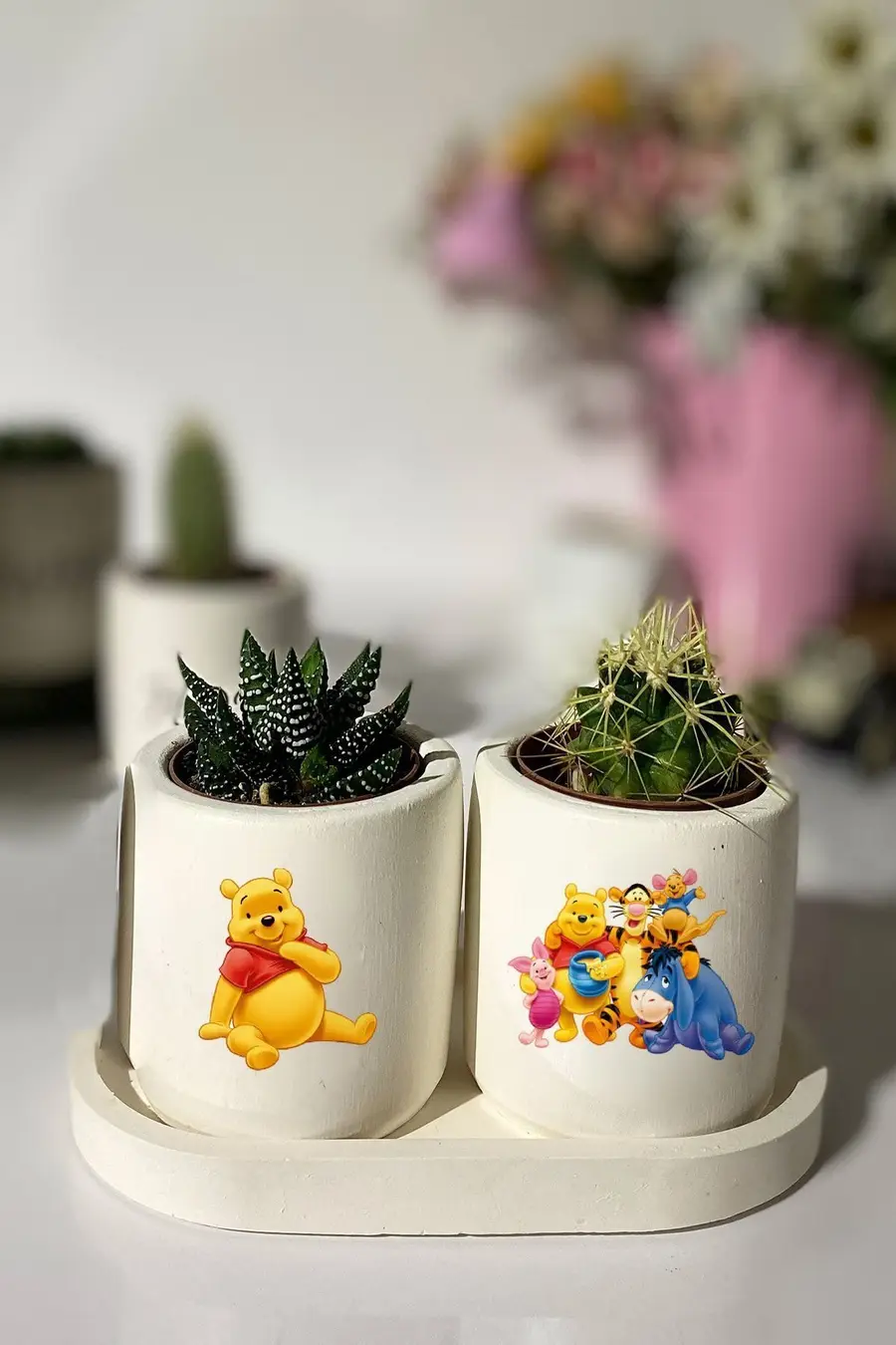 Tabaklı Tiger Honey Baskılı Mini Saksı Seti Hediyelik Dekoratif (ÇİÇEKLİ) - 1. görsel