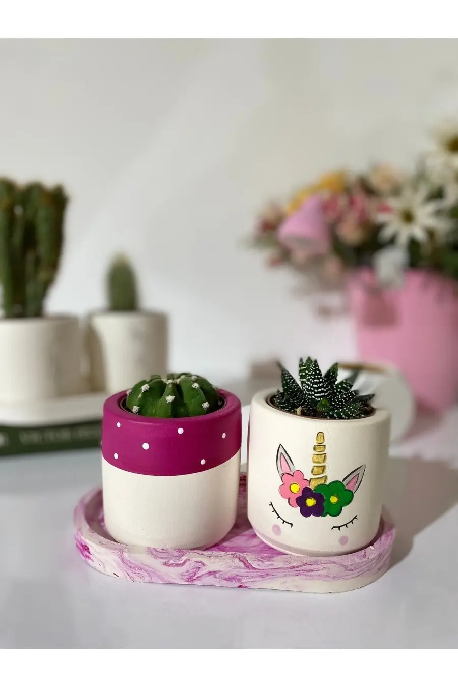 Tabaklı Unicorn At Desenli El Çizimi Saksı Seti Hediyelik Kalemlik - 1. görsel