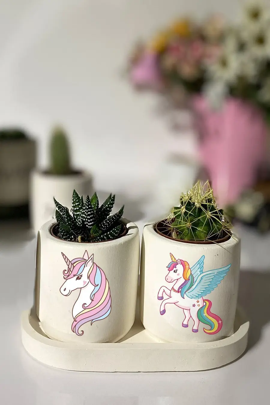 Tabaklı Unicorn Baskılı Mini Saksı Seti Hediyelik Dekoratif - 1. görsel