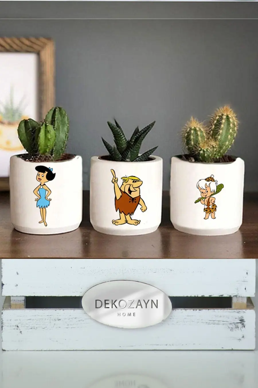 Taş Devri 2 Kaktüs Desenli Beton Saksı Üçlü Set- Küçük Boy Saksı Hediyelik Kalemlik - 1. görsel