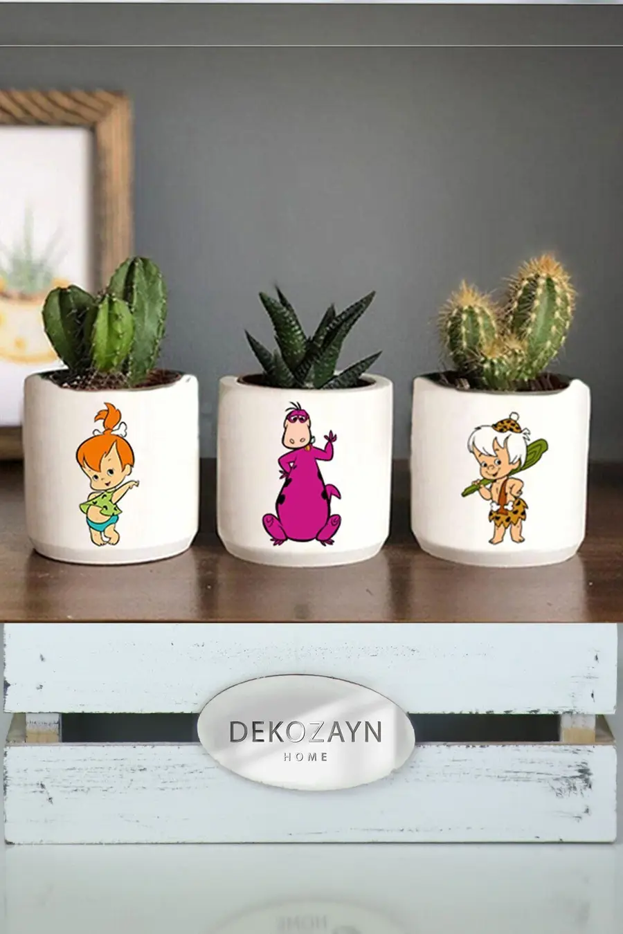 Taş Devri 3 Çakıl Bambam Kaktüs Desenli Saksı Üçlü Set- Sukulent Saksısı Hediyelik - 1. görsel