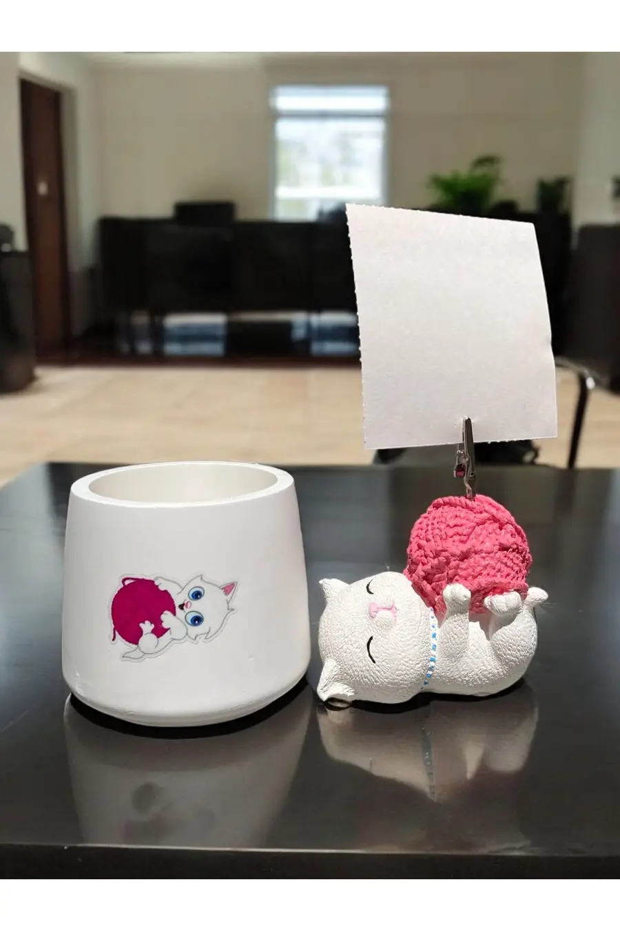 Tatlı Pembe Yumaklı Kawaii Sevimli Kedi Fotoğraf Tutucu Not Tutacak Kalemlik Ofis Seti Hediyelik - 1. görsel