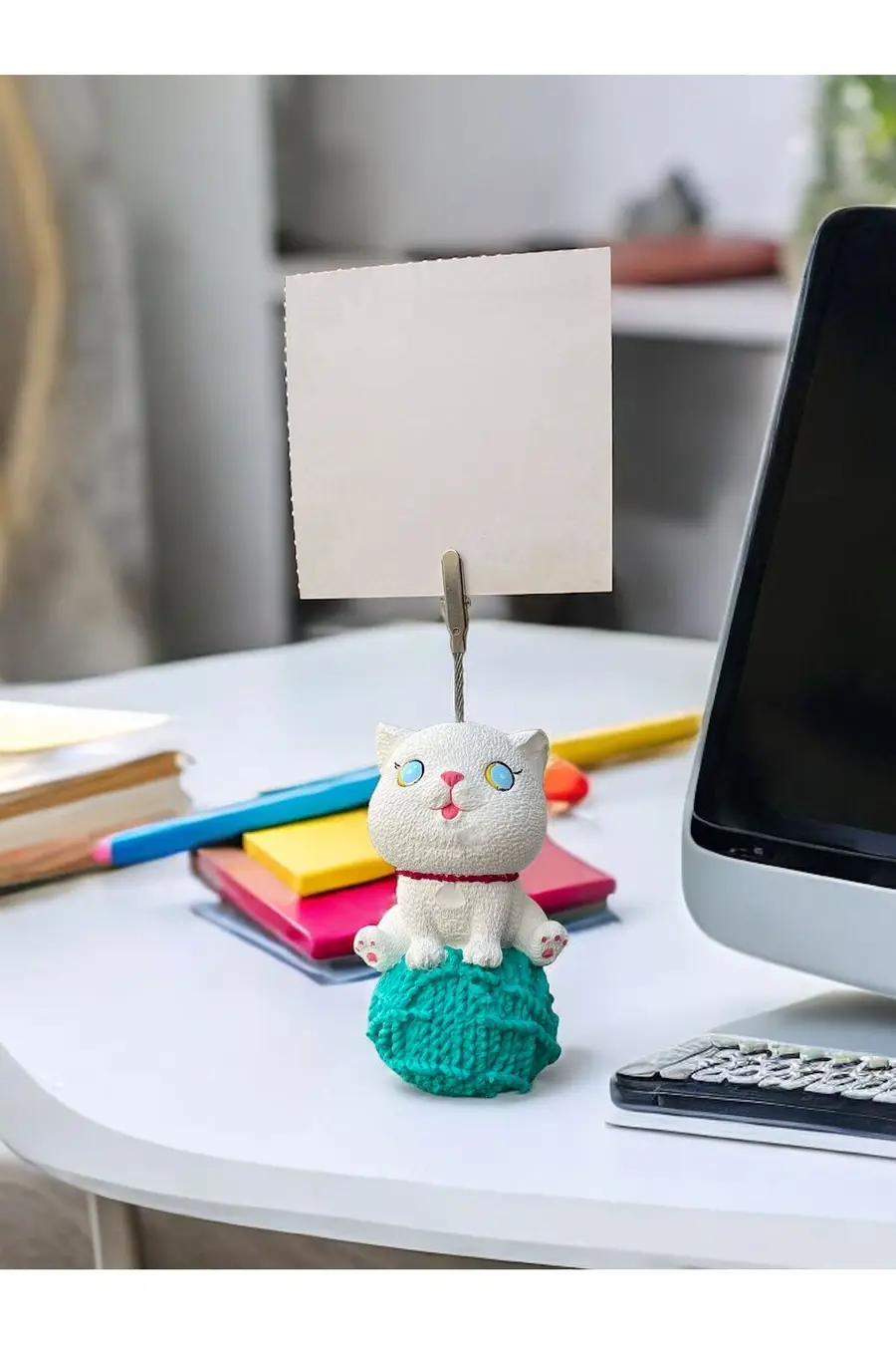 Turkuaz Yumaklı Kawaii Sevimli Kedi Fotoğraf Not Tutucu - 1. görsel