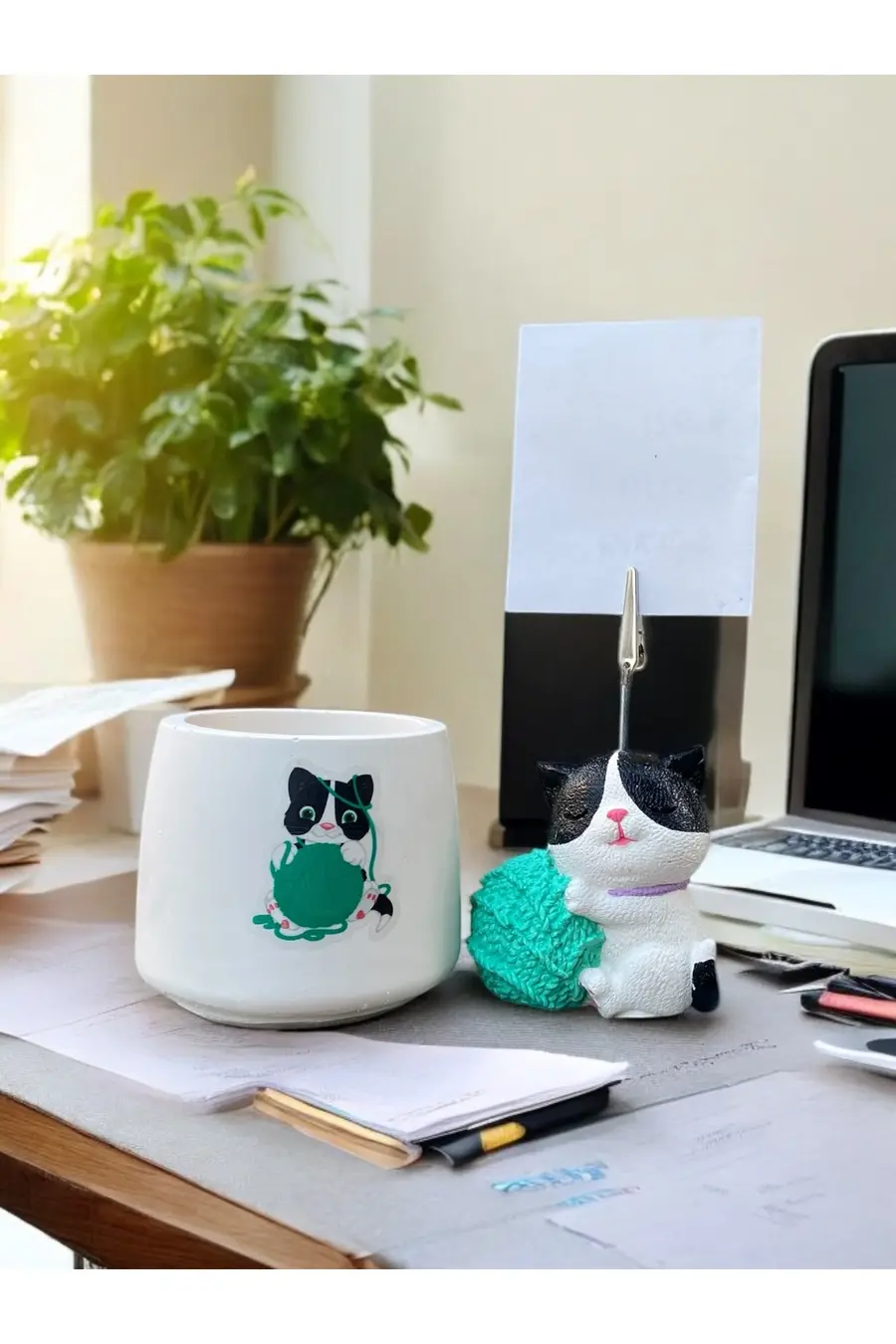 Turkuaz Yumaklı Kedi Fotoğraf - Not Tutuculu Obje Saksı Seti Hediyelik Ofis Seti - 1. görsel