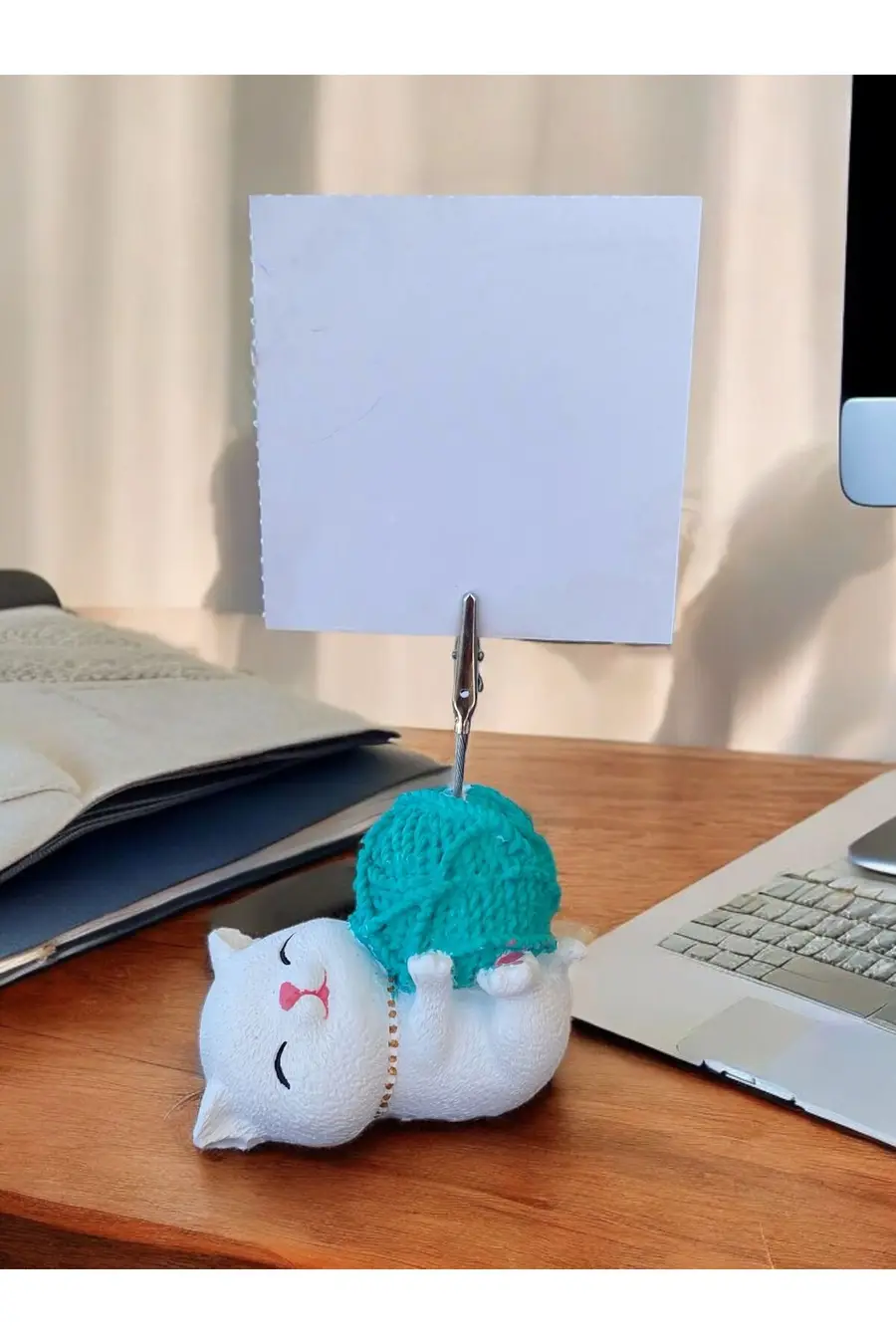 Turkuaz Yumaklı Yatan Kawaii Kedi Temalı Not Tutacağı Fotoğraf Tutacak Tutucu Ofis Hediyelik - 1. görsel