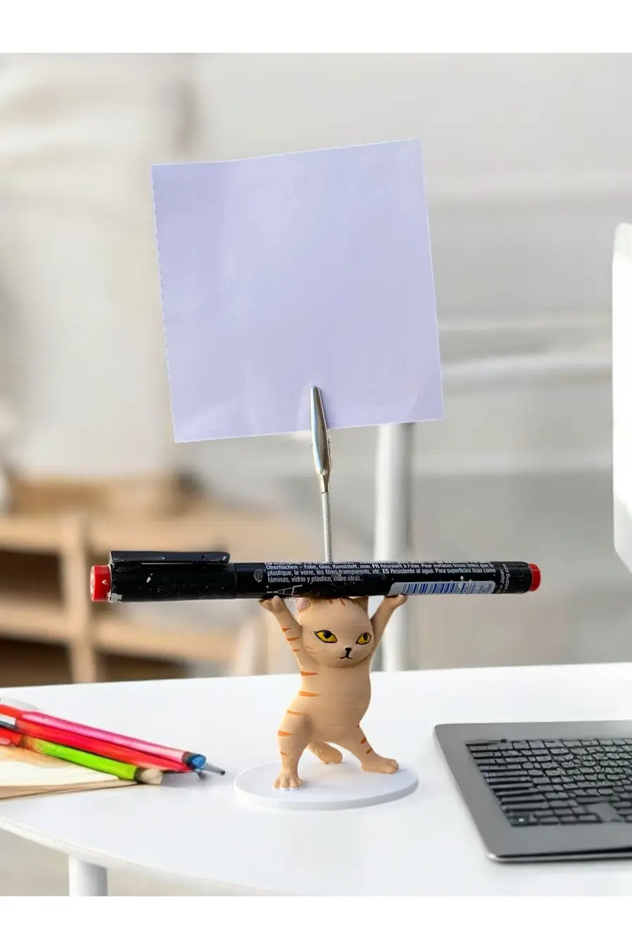Turuncu çizgili Kalem Tutabilen Dansçı Kedi Fotoğraf Not Tutacağı Ofis Masası Hediyelik - 1. görsel