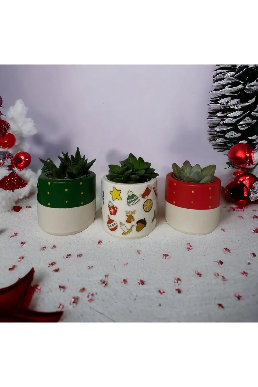 Yılbaşı Hediyesi/ Çoklu Yılbaşı Desen Baskılı 3lü Saksı Seti - 1. görsel