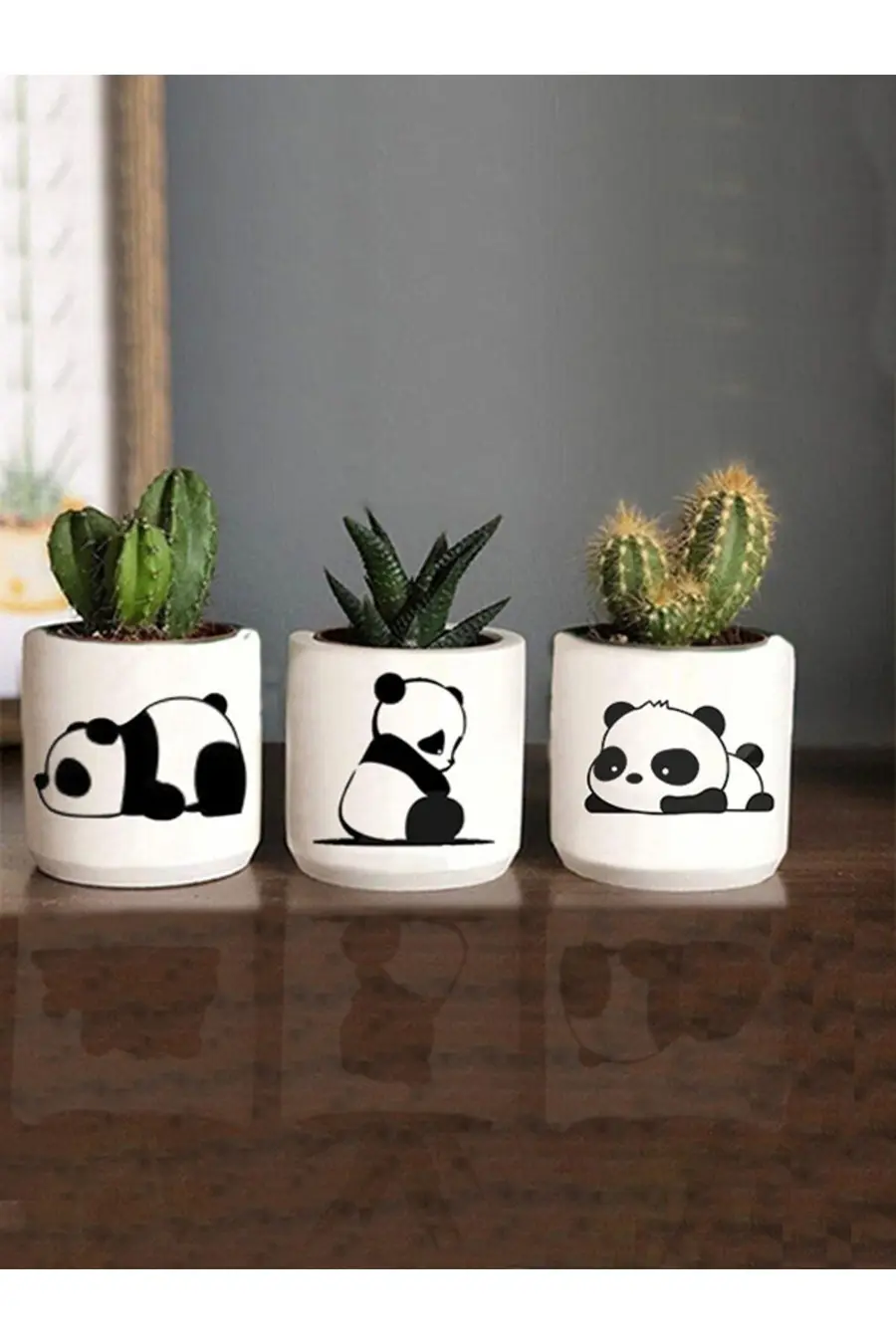 Yorgun Panda Desenli Saksı Üçlü Set- Küçük Boy Sukulent Saksısı Çizim Panda Hediyelik - 1. görsel
